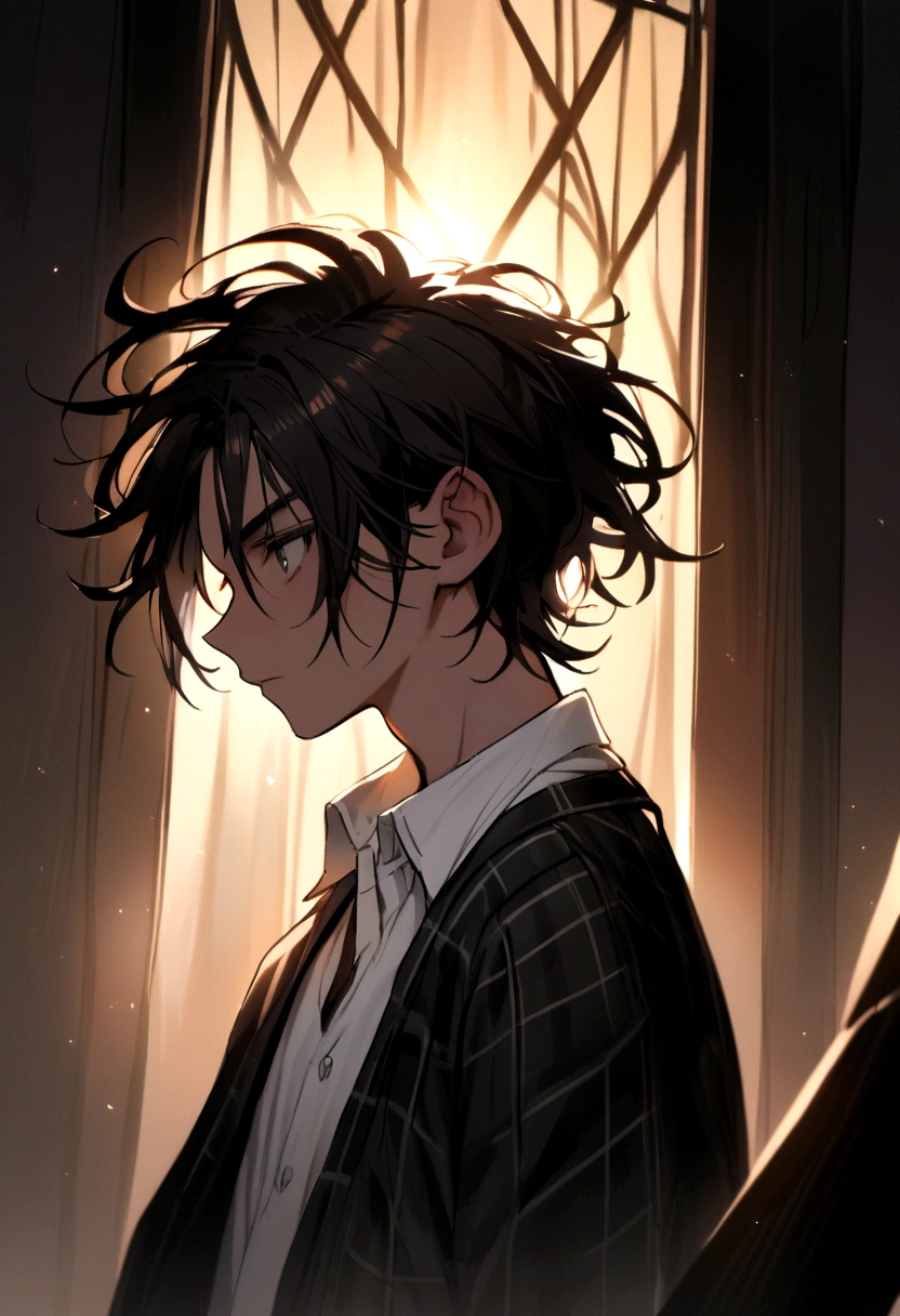 young black character, young male, white shirt black flannel, medium black dreads