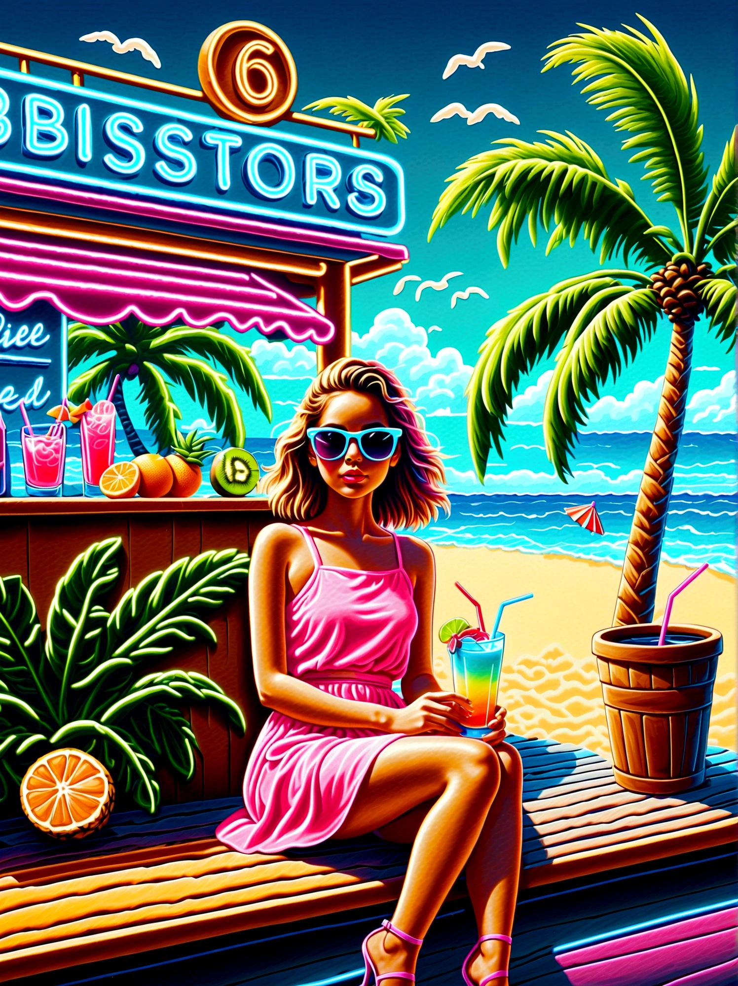 Neon，Shop sign，Tropical scene，Palm tree，Bistro，Fruit drinks，Sea，Cool  girl wearing sunglasses，发光的NeonShop sign，Ultra high saturation，Bright colors