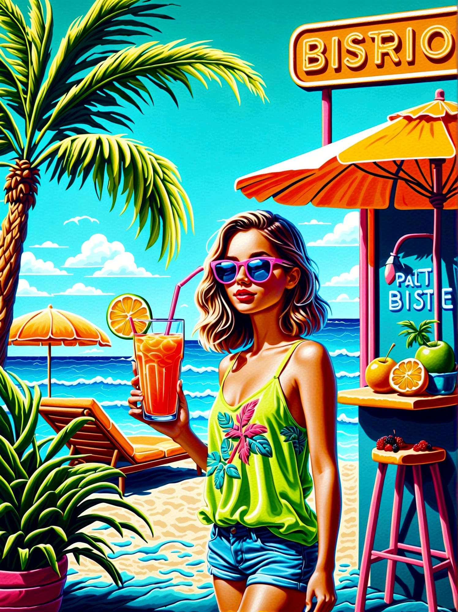 Neon，Shop sign，Tropical scene，Palm tree，Bistro，Fruit drinks，Sea，Cool little girl wearing sunglasses，发光的NeonShop sign，Ultra high saturation，Bright colors