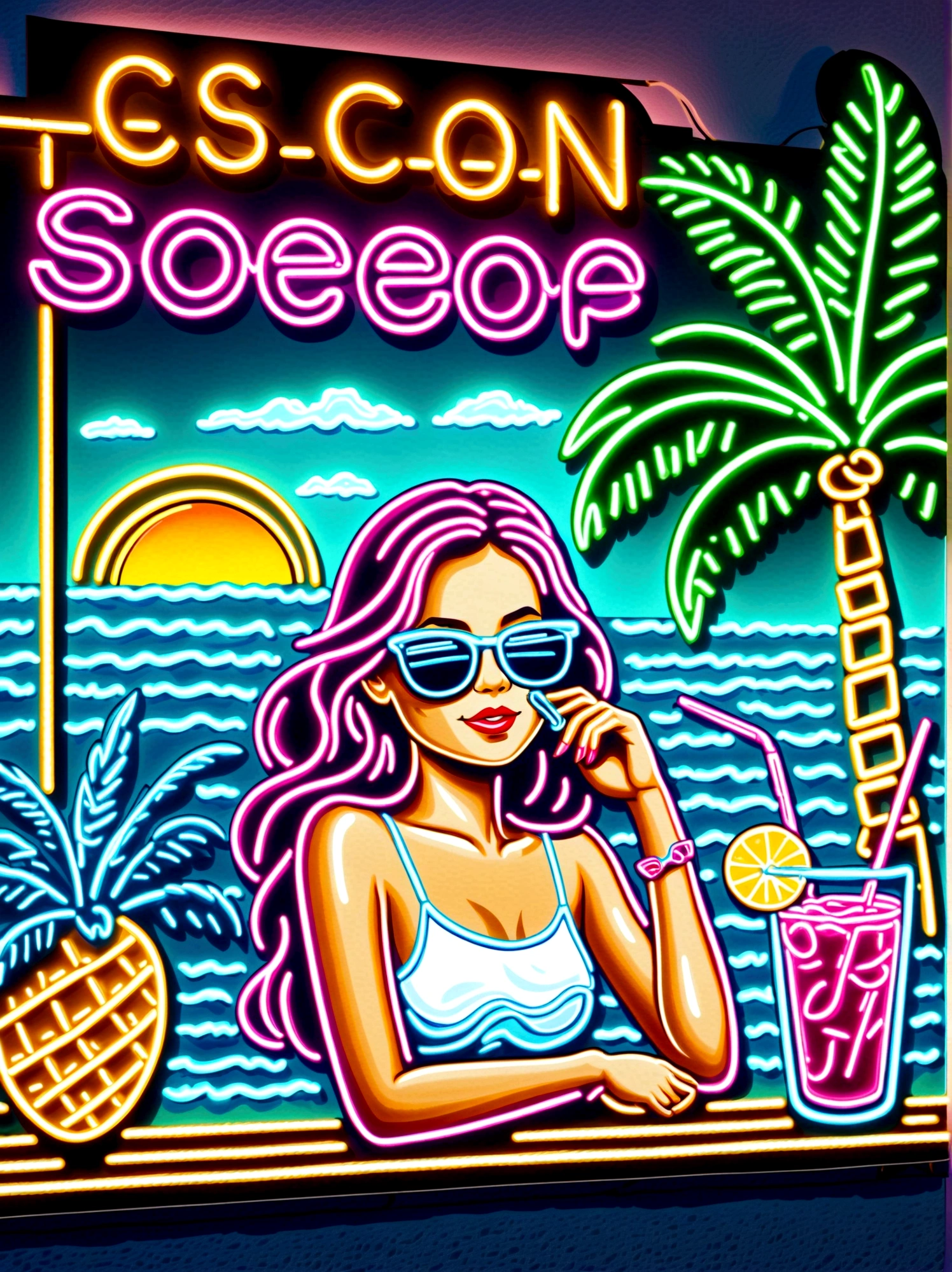Neon,Shop sign,Tropical scene,Palm tree,Bistro,Fruit drinks,Sea,Cool girl wearing sunglasses,发光的NeonShop sign,Ultra high saturation,Bright colors