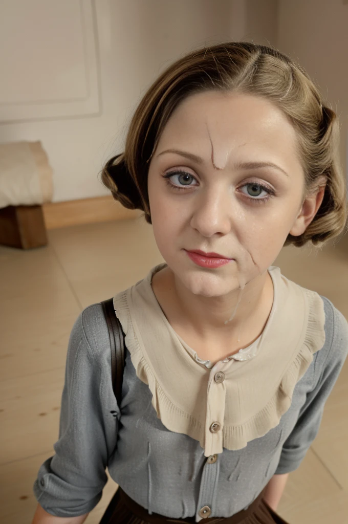 Molching, Germany, 1939. ((((10 years)) Liesel Meminger)), very thin, Kind, big hearted, dangerous dark eyes, At school, (((Sad expression))). ((((1930s poor girl casual wear)))), ((1930s dark blonde hairstyle)), ((after blowjob)), ((cum on face))