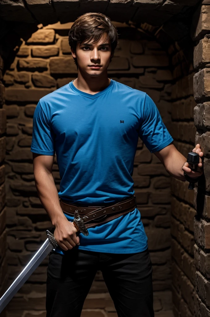 young man,holding a long sword,wearing a blue shirt,Stay in the dungeon.