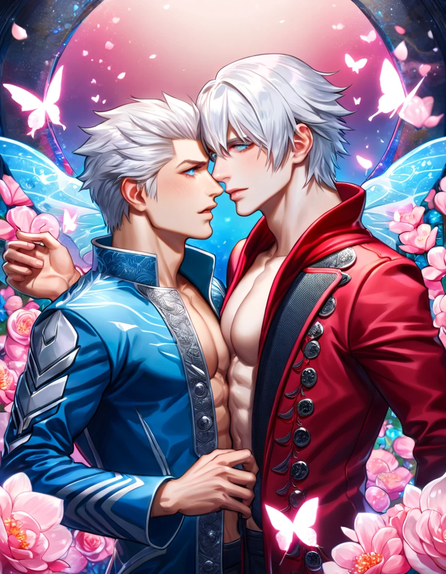 absurdres, highres, ultra detailed, HDR, master piece, best quality, Dante, white hair, expressive blue eyes, devil may cry, Vergil, white hair, expressive blue eyes, two sexy men together, gay couple, yaoi, handsome, toned chest, red coat, blue coat, magical, fantasy, shining, pink flowers, pink blossoms, pink butterflies, pink petals, water
