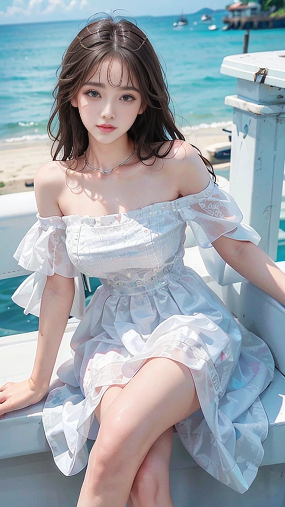 (whole body),(best quality,Extremely detailed,Reality),Beautiful and delicate eyes,Beautiful and delicate lips,Young female model,sweet girls dress,Off-shoulder dress,Jewelry,saturation,Soaked,Offshore,blues sky and clouds,Surfing by sailboat, leaning against the railing,Charming smile,Long legs,fit,Stunning face,masterpiece