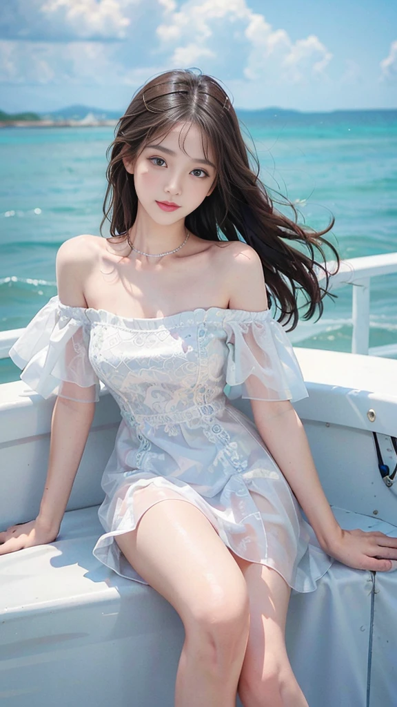 (whole body),(best quality,Extremely detailed,Reality),Beautiful and delicate eyes,Beautiful and delicate lips,Young female model,sweet girls dress,Off-shoulder dress,Jewelry,saturation,Soaked,Offshore,blues sky and clouds,Surfing by sailboat, leaning against the railing,Charming smile,Long legs,fit,Stunning face,masterpiece