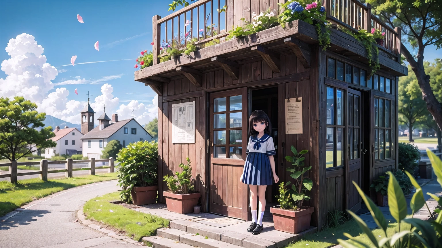 (masterpiece), town, blue sky, One girl, smile, alone, Sailor suit, Overgrown, petal, plant