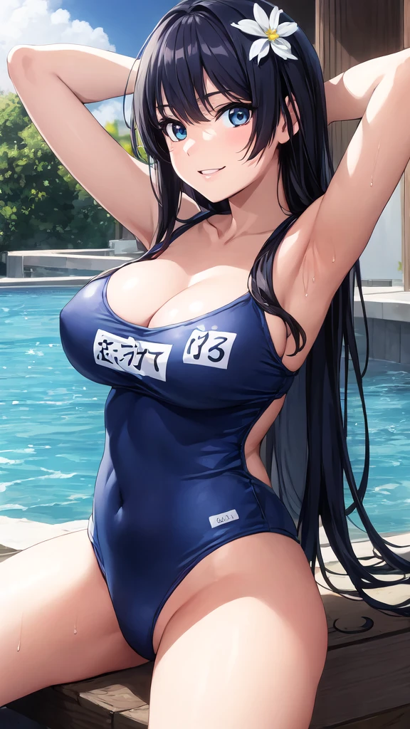 (Perfect hands, Perfect Anatomy:1.4), Satin Ruiko, alone,(紺のSchool Swimsuit:1.5),(A neat figure,thin:1.4),(Hairstyle is a princess cut:1.5),(Black Hair:1.4), blue eyes, (Black Hairの:1.4),(Black Hairの:1.4),Long Hair,(Straight long hair:1.4), hair ornaments, (1 white flower decoration:1.4),(tsurime:1.4),(Sitting),(Broke up_lips:1.4),(Hime cut:1.4),(Large Breasts:1.4),(Put your hands behind your head:1.2), (Wicked Smile:1.4),20-year-old,(Wet:1.2),Sit on, (View your viewers:1.3),(View from below:1.3), (Pool,Poolサイドで:1.4),(Dazzling sunlight,summer:1.4)、 break (Hime cut:1.4),(masterpiece:1.5),(Extremely accurate details,Ultra-high resolution:1.4),Highly detailed CG Unity 8k wallpaper,(Realistic,Photorealistic,超Realisticな:1.5),(curve,model,Glamour:1.5),Beautiful breasts,color_aberration,Beautiful detailed shadows,Beautiful Eyes,Beautiful body,Beautiful Skin,Beautiful Hands,(Aesthetic Anime Eyes:1.4),(figure:0.8), (Beautiful attention to detail:1.4), Highly detailed face, Perfect lighting, Highly detailed CG, (Perfect hands, Perfect Anatomy:1.4),School Swimsuit,