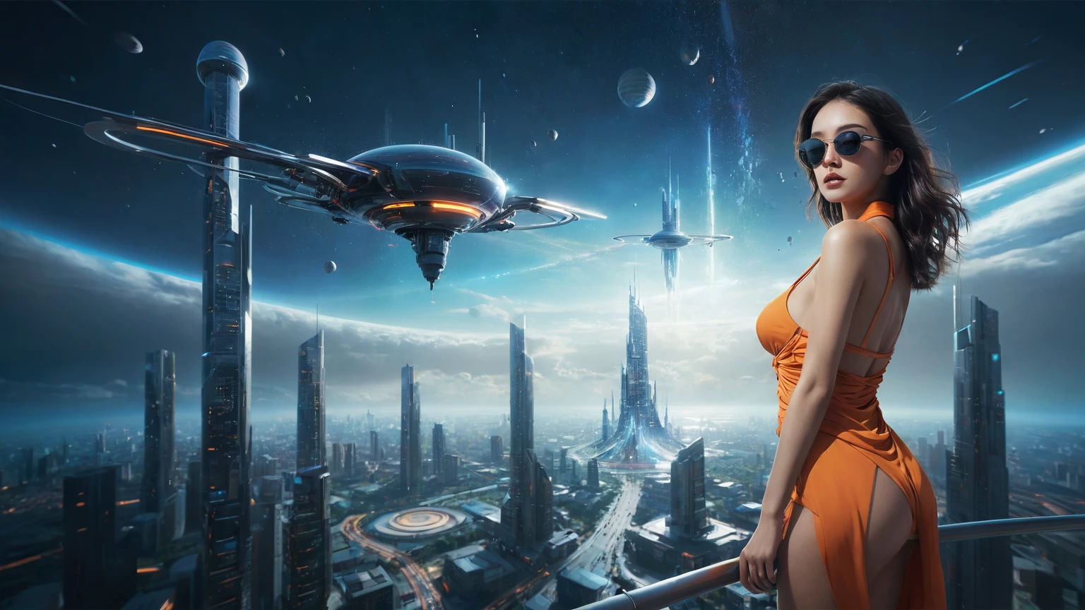 brightly colored abstract image of a space station with a spiral, epic beautiful space scifi, chaotic cinematic space rift, greg beeple, (((((flying cars, 1drone))))), planets colliding, beeple and tim hildebrandt, beeple and jean giraud, end of the universe, galaxy space sci-fi, ringworld, by Mike "Beeple" Winkelmann. Matrix style, (((((Matrix cascading code))))), (((((a futuristic twin tower skyscraper with a unique twisted design))))), (((((OLED GUI interfaces in the building))))), at night, (((((1girl, solo))))), photo realistic, (((large-breast:1.2 slim body, cleavage))), (((off broken mini sling-shirt and black sling bra, extreamly short pleated miniskirt exposing panty))), (((((running pose))))), (((((((matrix style black micro sunglasses))))))), ((((((((((aiming with a short gun)))))))))), (((((looking at camera))))), (((very low view))), (((((half-body thigh level medium shot))))), (((cinematic lighting))).