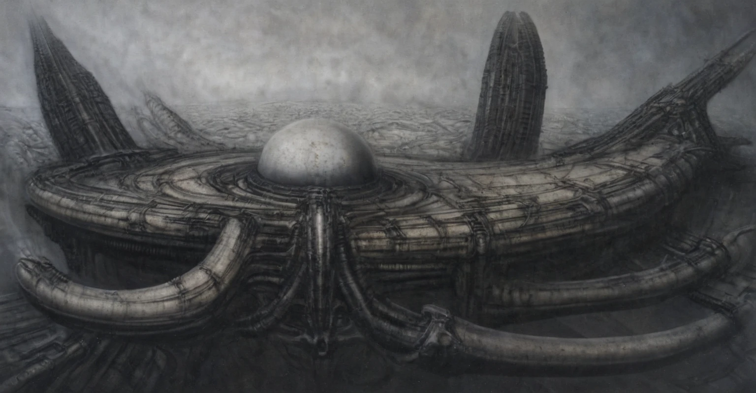 Create biomechanical tableau with some of the artistic techniques and compositional features used in /&quot;Necron IV/” by h r (Hans Rudie) giger:
 The image depicts a complex, sprawling city made of dark ivory, metal and wires. The city is densely packed with loops and twists, resembling a massive, intricate machine.
The painting is composed around a central focus of bone-like celestial formations and tectonic weathering structures with a phallic spine. This central form is the most detailed and brightly lit part of the painting, and it draws the viewer's eye in.The central focus is emphasized by the use of light and shadow. The light source is coming from the top left of the painting, and it casts a bright spotlight on the scene.
Biomorphic forms: The biomechanical forms in the painting are inspired by biological organisms, but they are also machine-like. These forms create a sense of unease and discomfort, as they blur the line between the natural and the artificial
. The image is highly detailed and intricate, uses, with transparent organs and bones exposed). The piece has a thick mechano-organic texture and is covered in fine details. The image has a swirling, organic quality to it. The artistic manner would be unmistakably Gigeresque. A dark and unsettling beauty would permeate the piece, blurring the lines between fascination and repulsion , forever haunted by the grotesque allure. Giger's signature artistic manner would be evident in every stroke. The airbrush would be wielded with masterful precision to create a hyperrealistic yet nightmarish aesthetic.,hrgiger,H.G. Giger Style, Biomechanics,HRGigerArhP style