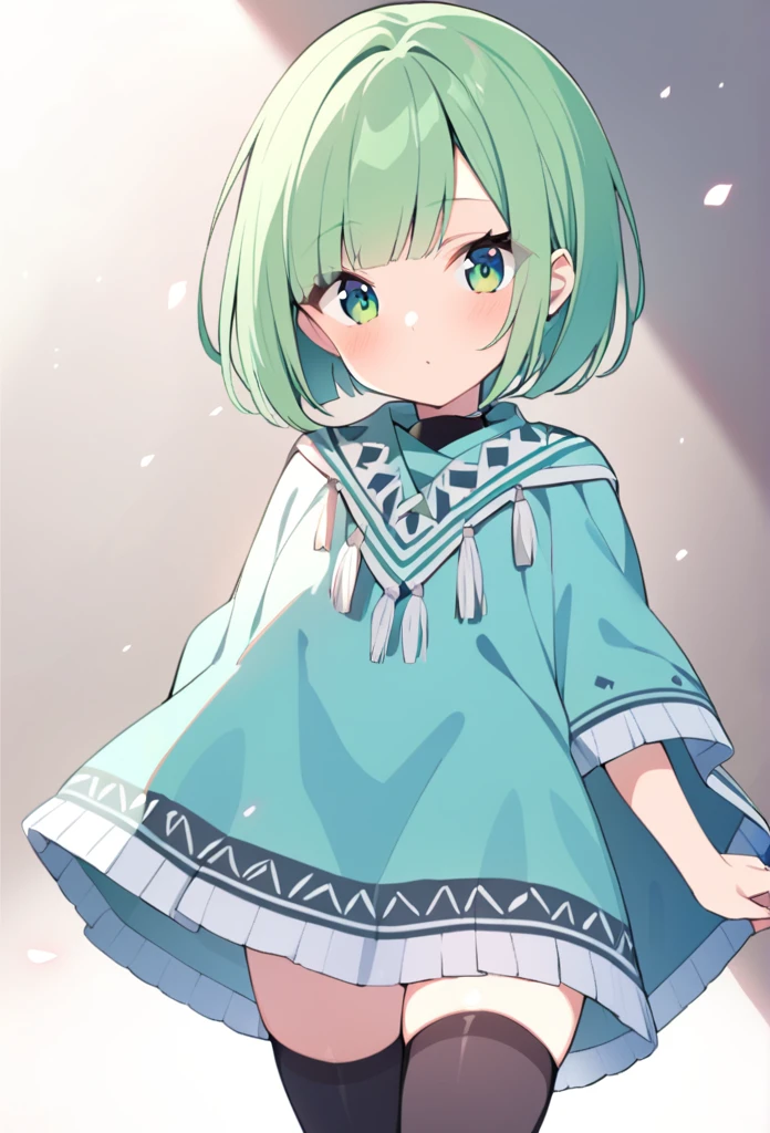 1 girl, cute, young, green hair, bob haircut, green eyes, poncho, thigh high,