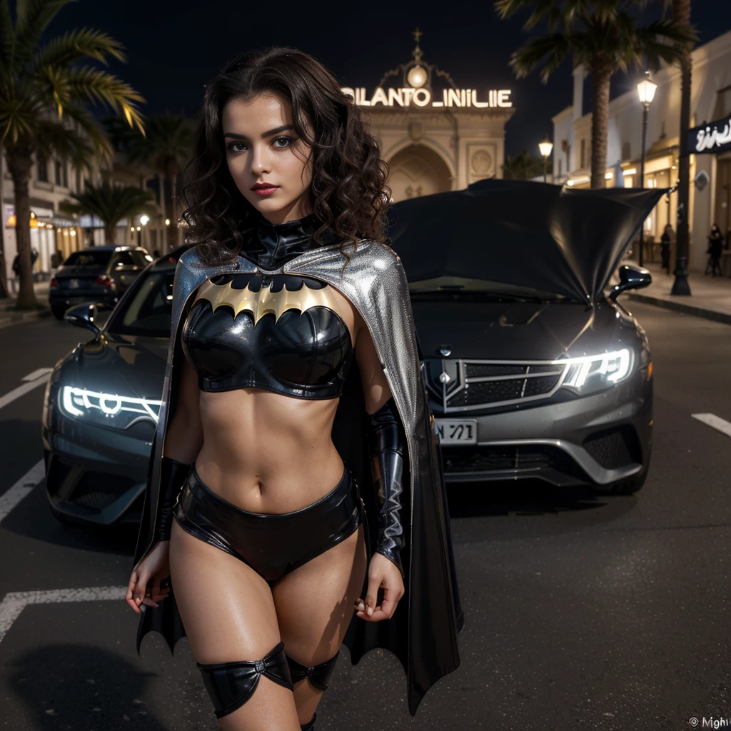une fille dans un costume de Batman, fait du cosplay, dans une ville de Floride, la nuit, avec pleins de voiture de luxe, la fille pose pour un magasin de phots hot, la fille pose seule, she has a large cape and a luxury silver watch on her wrist, the girl plays the role of an antagonist and wears a menacing look, (((young North African girl, 18 ans))), ((seule)), (((cheveux noirs curly hair))), ((cheveux beaux et brillants)), (((Batgirl, cosplay))), ((grande cape)), ((cheveux longueurs épaules)), (yeux couleur noisette), (((grands yeux))), ((arabe marocaine)), ((antagoniste)), (((charmante et innocente))), ((curieuse)), (regard mignon), ((longs cils)), ((yeux en amandes)), (square jaw), ((regard intense et chaud)), ((mignonne)), (((eyeliner noir))), (((dark red lipstick))), ((vernis blanc sur les mains et les pieds)), ((luscious lips)), ((courbes sexy)), ((jambe douces)), ((fesses rebondis et douces)), ((faux ongles blancs)), ((outlined abs)), (abdominaux visibles), ((vernis blanc)), ((grande et belle)), ((taille fine)), ((taille mannequin)), (petits seins), (((corps parfait))), ((belle jambe lisse)), (belle main), (beau pied), (grand pied), (grande main), (sensuelle), ((Luxury car in the background)), ((palmiers)), (((sublime))), (((nuit))), (best quality), 8k ultra HD, high resolution