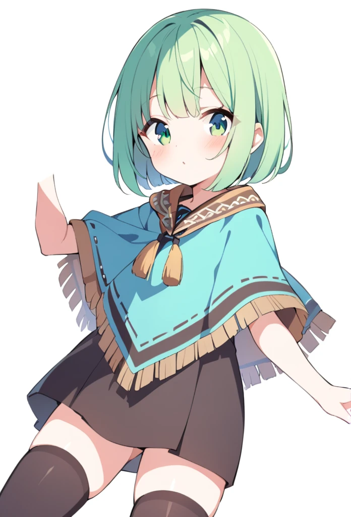 1 girl, cute, young, green hair, bob haircut, green eyes, poncho, thigh high,