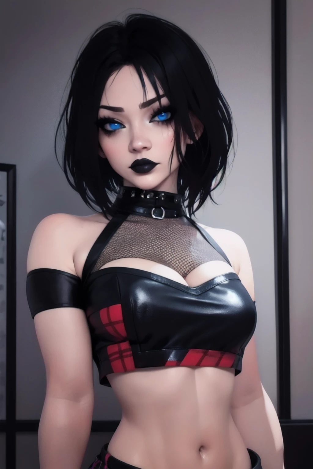 a woman with short black hair, hair on shoulders, wearing a black cropped and plaid skirt, black jacket, blue eyes, gothic art, cute aesthetic with vibe, toon aesthetic, wearing red costume, wearing gothic accessories, look like Cassie Hack, upper body,