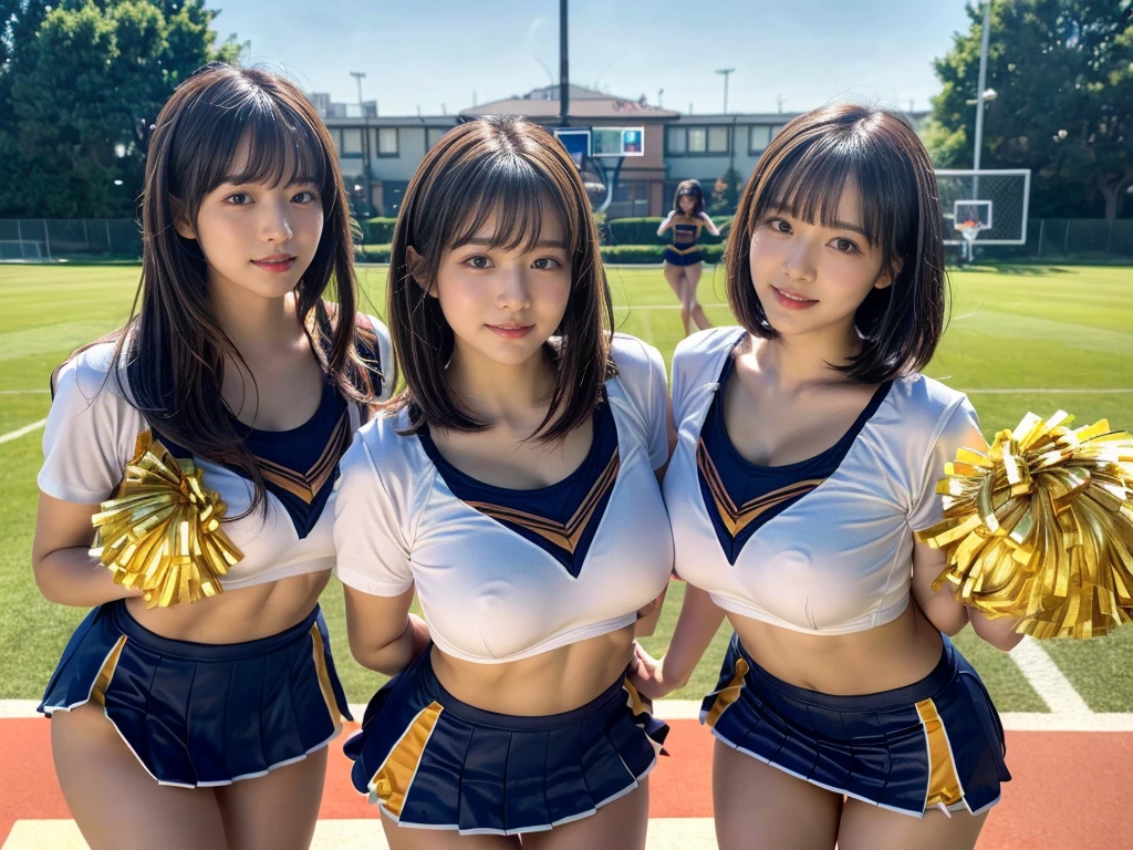 (RAW photo, 4k, masterpiece, high resolution, extremely complex) (realistic: 1.4), cinematic lighting
((2 girls, 2 schoolgirls)),blushing,((innocent)),bright eyes,round eyes,blunt bangs,(short bob hair:1.3),black hair,large breasts,wide hips,Summer Noon, ,Hot, (Best Quality), (Highres), (an Extremely Delicate and Beautiful),(Beautiful 8k face),(Brown eyes),( spectators),(gigantic breasts),(Play with each other,Touching each other's bodies,Touching the body),(cheer girl:1.5),(a miniskirt),(reality),bright lighting,(The background is a luxury hotel room)