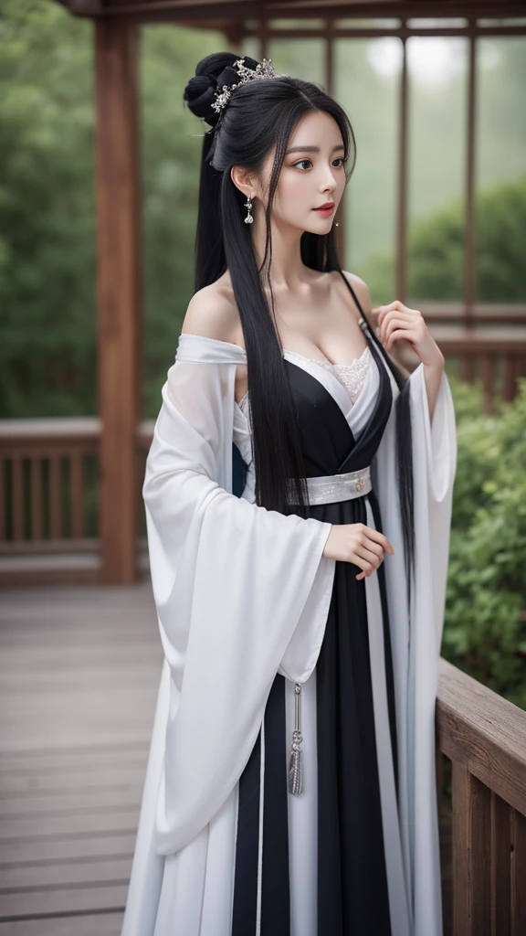 best quality,8k resolution,woman,Princess,Long hair,Black Hair,hanfu,only_Shoulder, cape, earring,Hair Bun,stocking,best quality,8k resolution,whole body,woman,Princess,Black Hair,Long hair,hanfu,Silver Cleavage Dress,only_Shoulder,stocking,High heel,