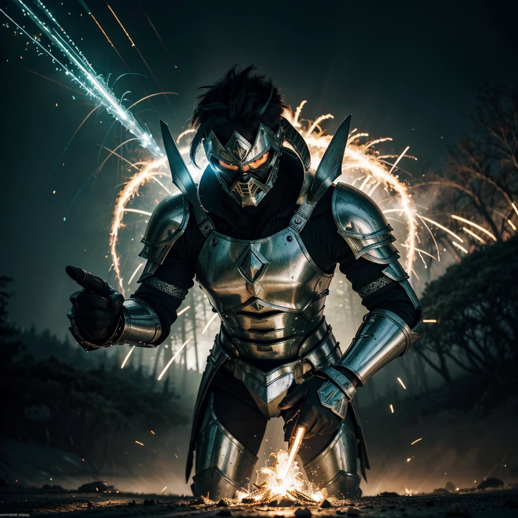 A warrior in full green shiny armor with white and silver accents, face visible, in a highly detailed burning forest background, emitting blue flames mixed with thin black smoke from his hands, surrounded by sparks and thin black mist, performing a powerful signature move, striking down a giant Oppo sent in a dramatic battle scene, with the sensation of and HD, detail, high-definition image