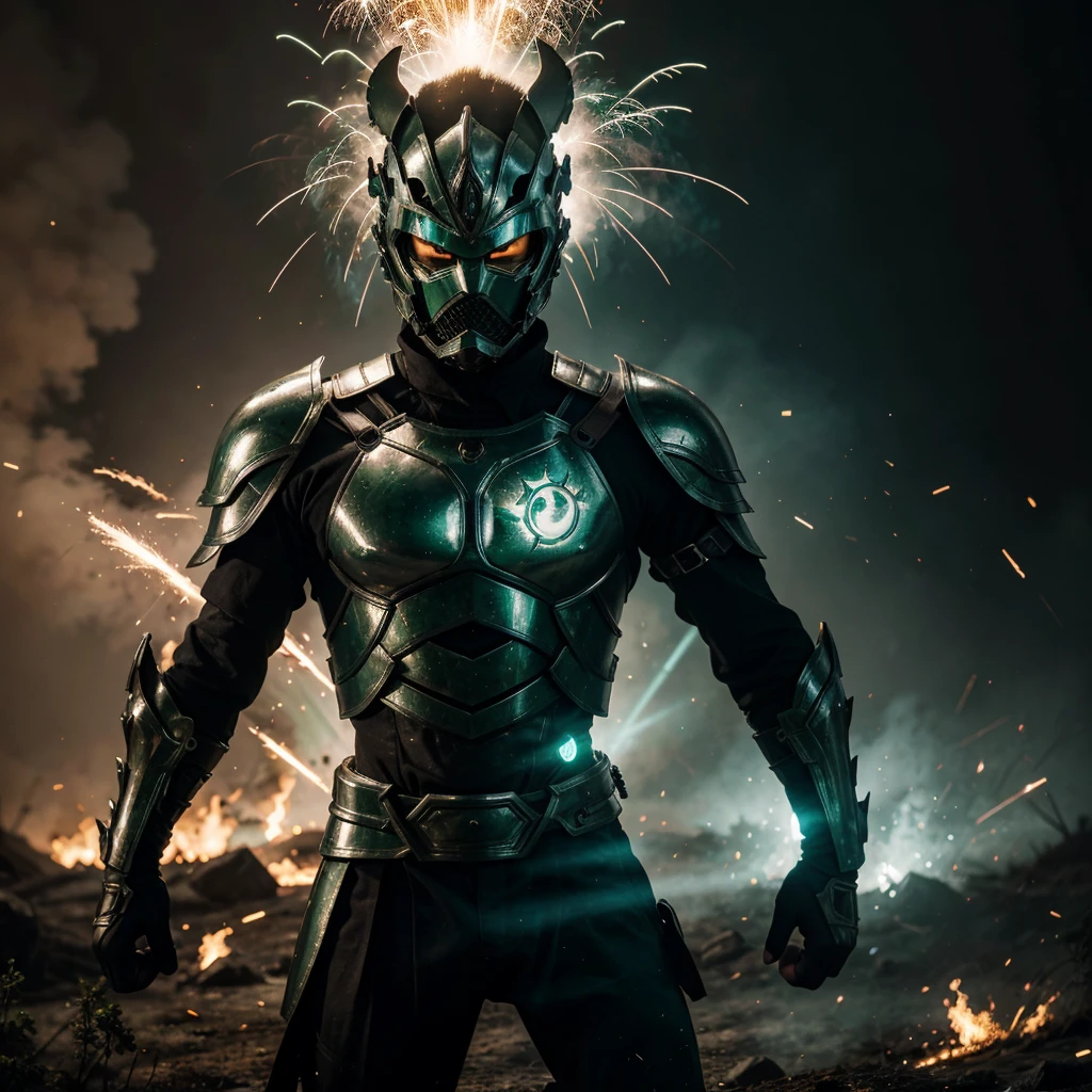 A warrior in full green shiny armor with white and silver accents, face visible, in a highly detailed burning forest background, emitting blue flames mixed with thin black smoke from his hands, surrounded by sparks and thin black mist, performing a powerful signature move, striking down a giant Oppo sent in a dramatic battle scene, with the sensation of and HD, detail, high-definition image