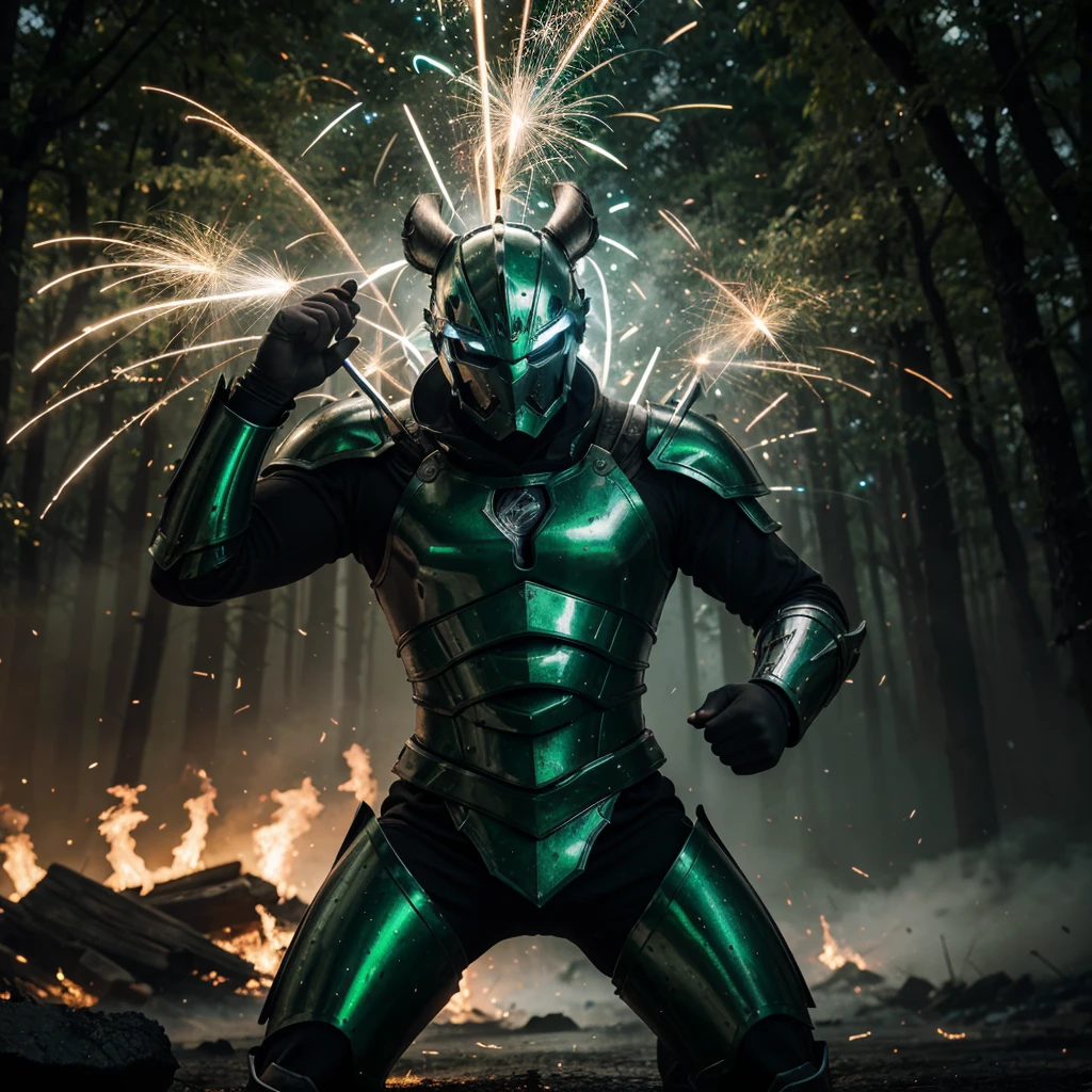 A warrior in full green shiny armor with white and silver accents, face visible, in a highly detailed burning forest background, emitting blue flames mixed with thin black smoke from his hands, surrounded by sparks and thin black mist, performing a powerful signature move, striking down a giant Oppo sent in a dramatic battle scene, with the sensation of and HD, detail, high-definition image