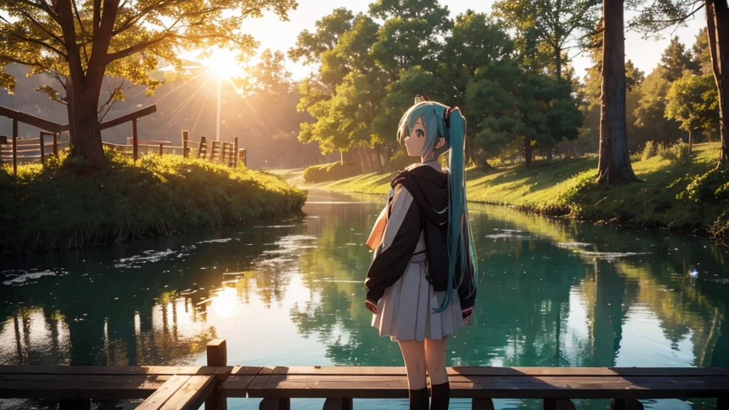 Hatsune Miku is standing on a wooden bridge lit by the setting sun in an upscaled scene。She stared into the distance、I'm reminiscing on fond memories。Surrounded by a quiet lake、Her hair is blowing in the wind。This scene is、It has a calm and emotive atmosphere that connects the past and the present.。