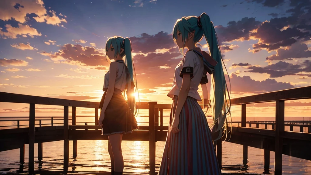 Hatsune Miku is standing on a wooden bridge lit by the setting sun in an upscaled scene。She stared into the distance、I&#39;m reminiscing on fond memories。Surrounded by a quiet lake、Her hair is blowing in the wind。This scene is、It has a calm and emotive atmosphere that connects the past and the present.。