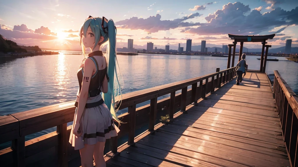 Hatsune Miku is standing on a wooden bridge lit by the setting sun in an upscaled scene。She stared into the distance、I'm reminiscing on fond memories。Surrounded by a quiet lake、Her hair is blowing in the wind。This scene is、It has a calm and emotive atmosphere that connects the past and the present.。