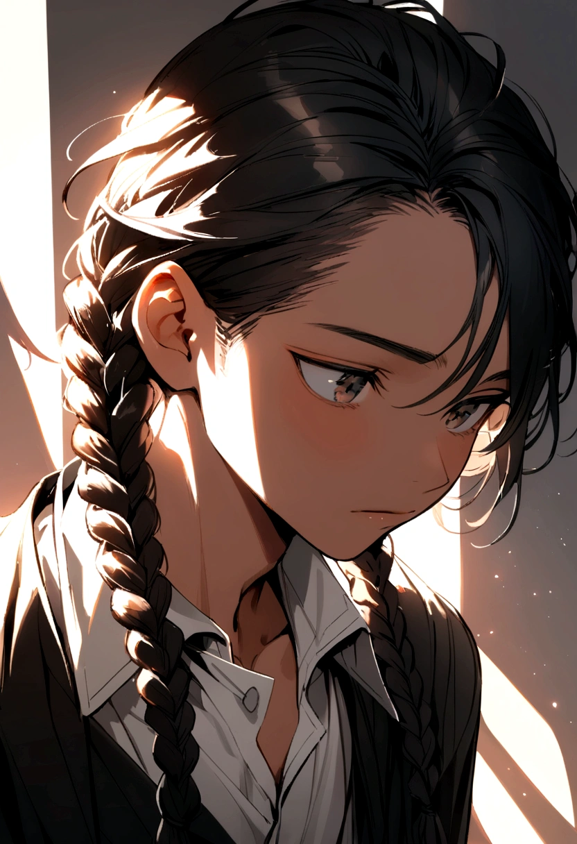 young African character, young male, white shirt black flannel, medium black braids