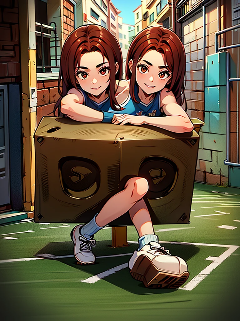 best quality, (masterpiece),(ultra-detailed), (high quality), (high resolution), ((2heads:1.5)), best quality:1.5, highres, UHD, 4K), smiling, highres, masterpiece, 4k, (brown hair), red hair, ((tank)), ((break dancing)), (alleyway), football players in background, ((break dancer))