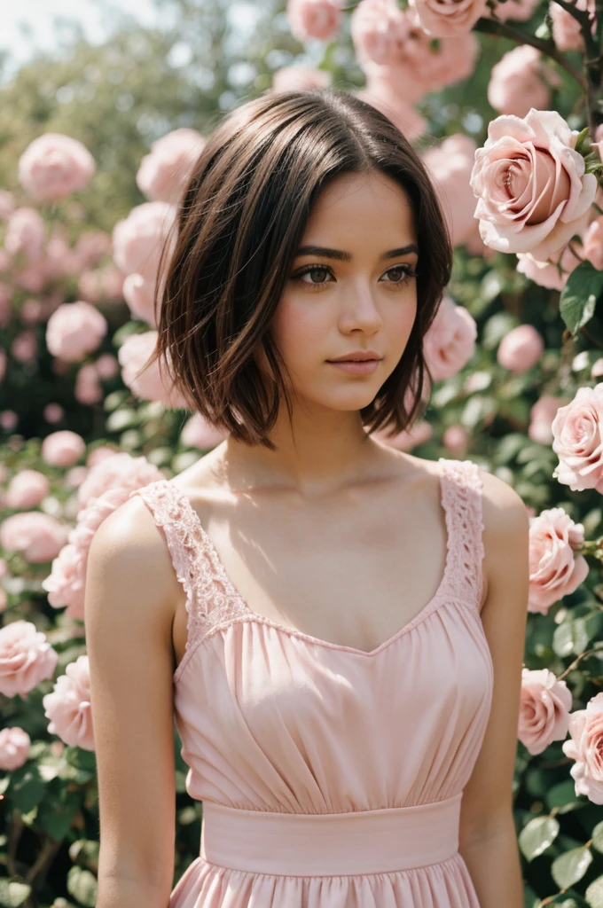 8k, foto en bruto, fujifilm, Style photography of a beautiful young girl like Avril in a light pink rose garden. (piel muy detallada: 1.2) Style-Petal BREAK short hair, cabello rubio con mechones de colores, usando un vestido, film grain, 35mm, lindo estilo