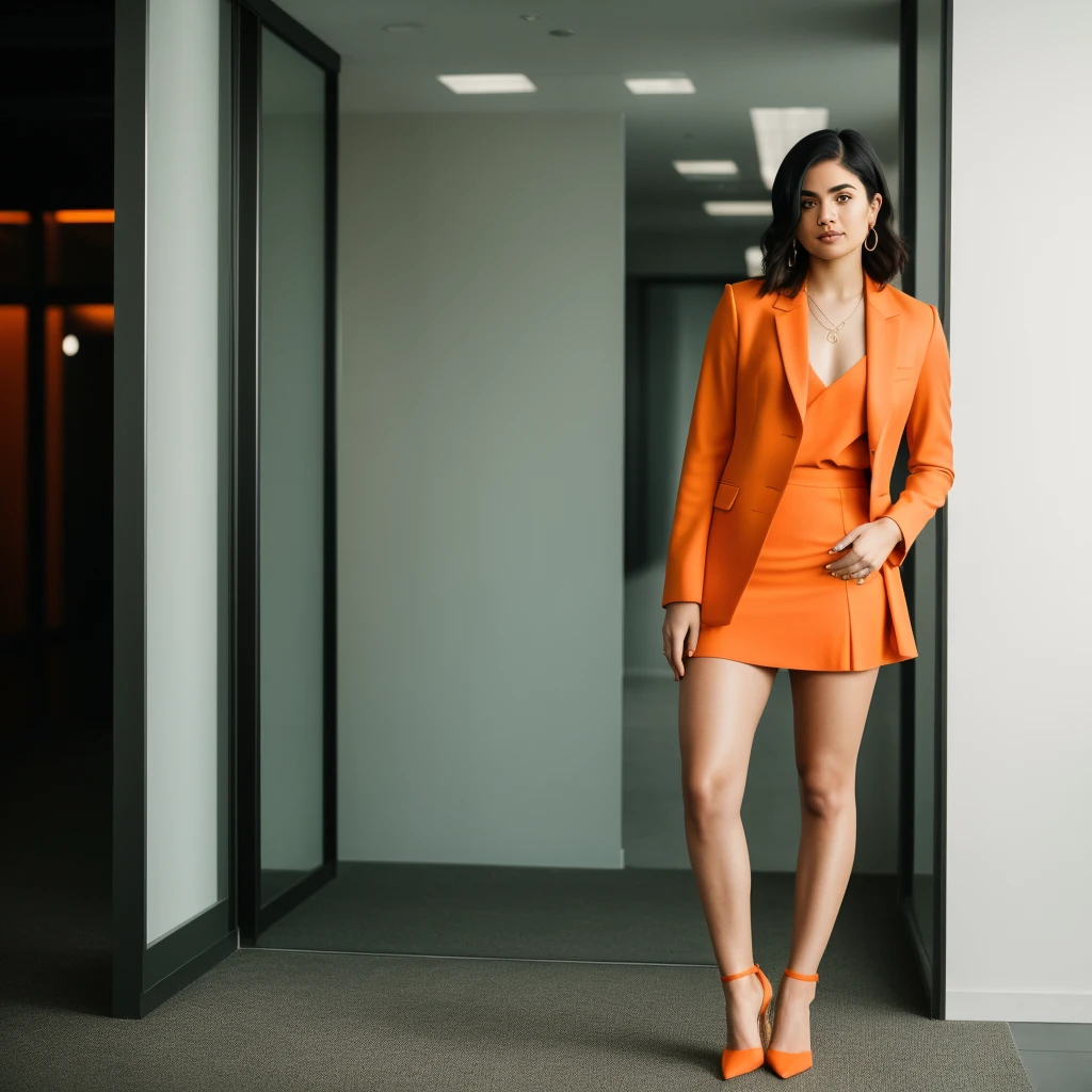 araffe woman in a orange dress and jacket posing in front of a window, lucy hale, short skirt and a long jacket, female camila mendes, full body in frame, standing elegantly, full body portrait shot, full body photoshoot, promo shoot, mid shot portrait, full body photogenic shot, kylie jenner, high - end fashion photoshoot, full body length,