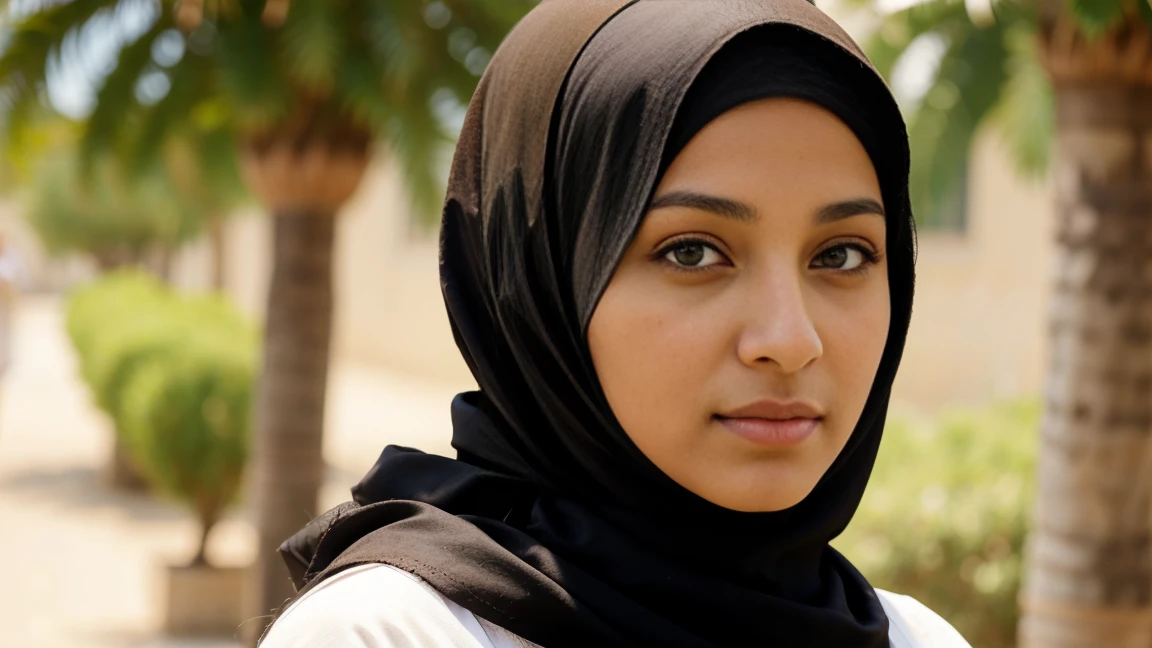 Une jeune femme marocaine et musulmane, aged 26. Elle porte un hijab légitime et un long jilbab. Her skin is tanned brown . She has hazel and dark brown eyes.. Sa longueur est de 158 cm et son poids est de 65 kg. Son nez est gros