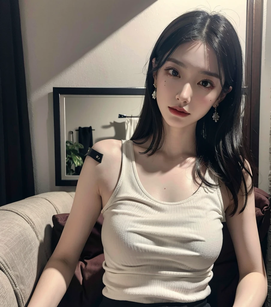 full body, absurdres, RAW photo, extremely delicate and beautiful, masterpiece, Best Quality, ultra high resolution, 32k, hyperrealistic, ultra-detailed, detailed description, pale skin, 20 years old, detailed beautiful face and eyes, big tits, medium hair, black hair, tearful mole, earring, t-shirt, tank top, Hot Pants,