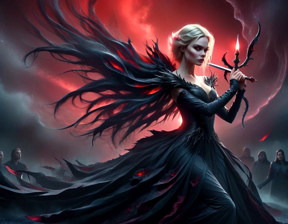 a woman in a black dress holding a sword and a red sky, villainess has black angel wings, margot robbie as a fairy, samara weaving vampire, pretty margot robbie vampire, fantasy movie still, movie promotional image, promotional movie still, beautiful elegant demon queen, still from a fantasy movie, erin moriarty as scarlet witch, by derek zabrocki