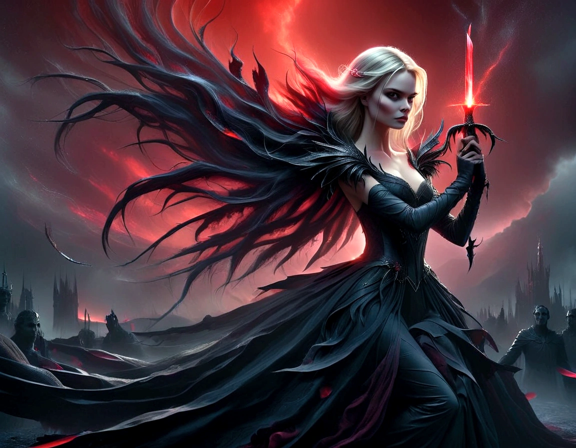 a woman in a black dress holding a sword and a red sky, villainess has black angel wings, margot robbie as a fairy, samara weaving vampire, pretty margot robbie vampire, fantasy movie still, movie promotional image, promotional movie still, beautiful elegant demon queen, still from a fantasy movie, erin moriarty as scarlet witch, by derek zabrocki