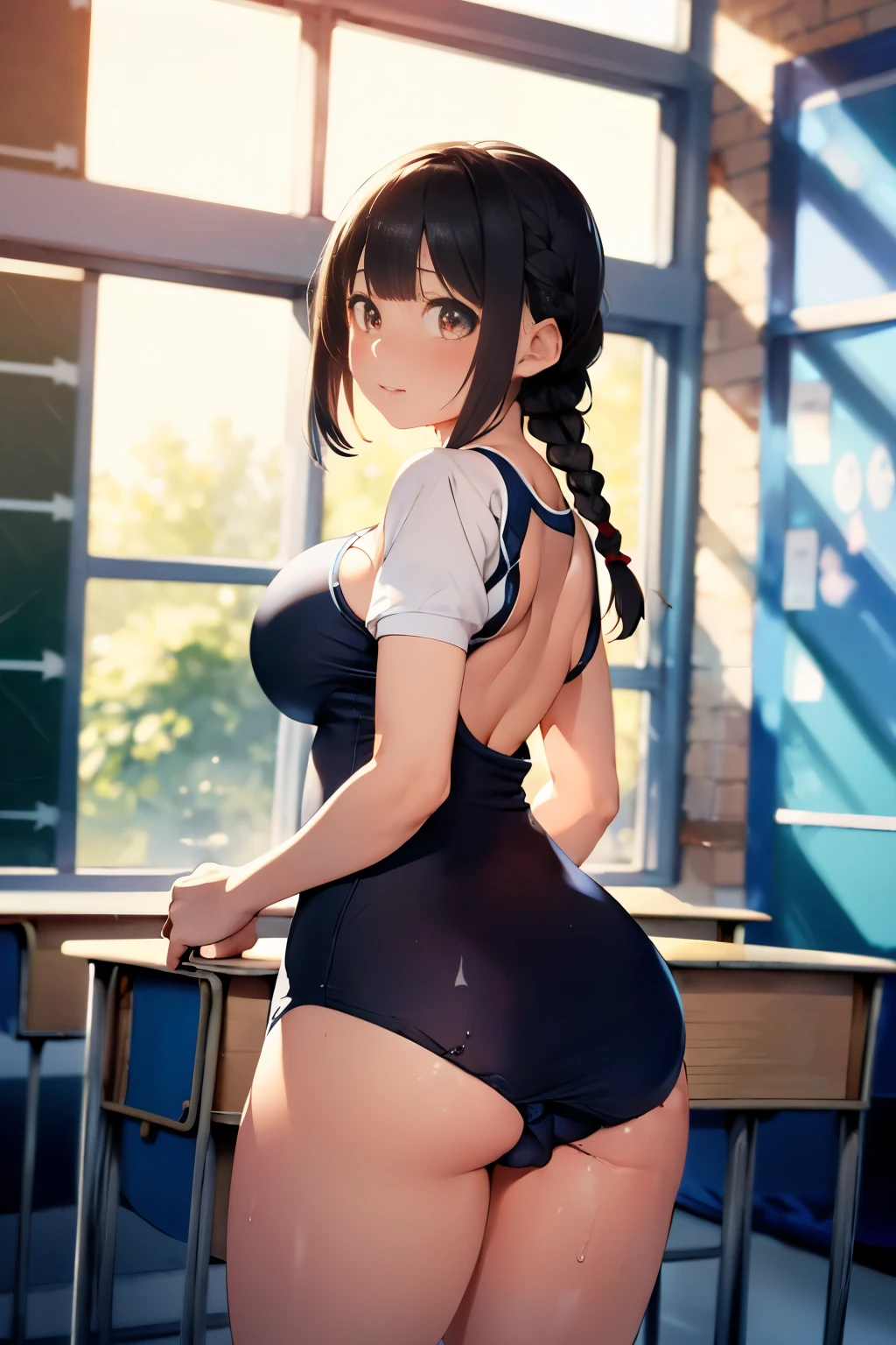 nsfw,Highest quality、In 8K、masterpiece、Hmph、超A high resolution、RAW Photos、(Photorealistic:1.3)、Natural soft light、(Depth of written boundary)、Slender、(whole body:1.2)、From behind、Detailed face and eyes、Realistic、Sharp pupils、Inside the warehouse、(Dynamic action poses)、Beautiful Face、Beautiful girl of 36 years old、Glowing Skin、(Braid:1.2)、Beautiful black hair、Red Eye、(blush:0.7)、Embarrassed face、Sweat、(School Swimsuit:1.8)、(Thighs Thighs Thighs Thighs:0.8)、Hips、(Huge Breasts:1.7)、(((Angle from behind:1.4)))、Erect nipples:1.4、Small nose、Small Nose、((vagina、SEX:1.5、Strong man))、