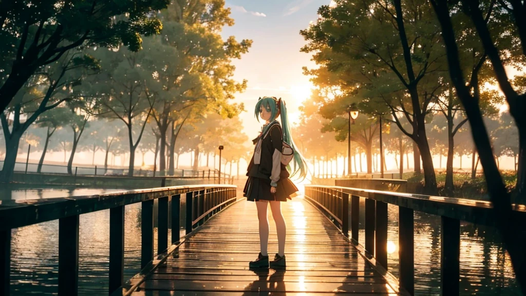 Hatsune Miku is standing on a wooden bridge lit by the setting sun in an upscaled scene。She stared into the distance、I&#39;m reminiscing on fond memories。Surrounded by a quiet lake、Her hair is blowing in the wind。This scene is、It has a calm and emotive atmosphere that connects the past and the present.。