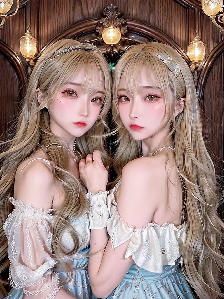 ( high quality , Very detailed, look at your hands )Zodiac sign - Gemini Goddess , Similar to Latin goodness , Twin Goddesses , Curious, Skillful, Humorous, attractive, Imaginative faces , Sometimes unrealistic, Restless, Nervous, Careless style , Light brown eyes , Light blonde hair , Transparent dress , in the windy sea , whole body , Sexy Makeup ,