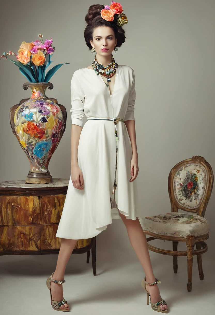 Beautiful woman, artsy style, full length, real , accessory,