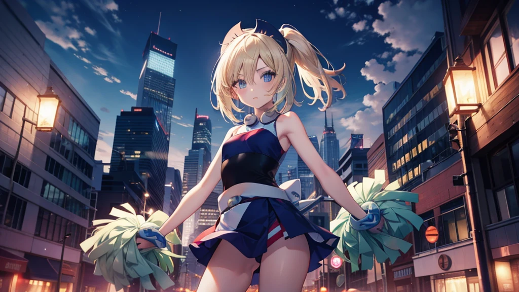 Perfect Anatomy, from the front, Cheerleader, High quality eyes, pretty girl, Peeking from below、Beautiful cityscape