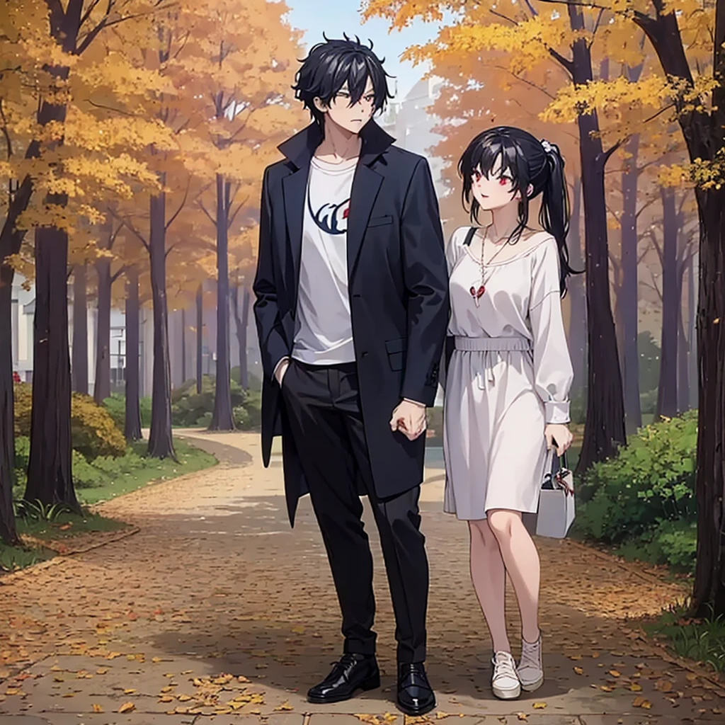 a man together with his wife(eye red) in casual clothes in an autumn themed park