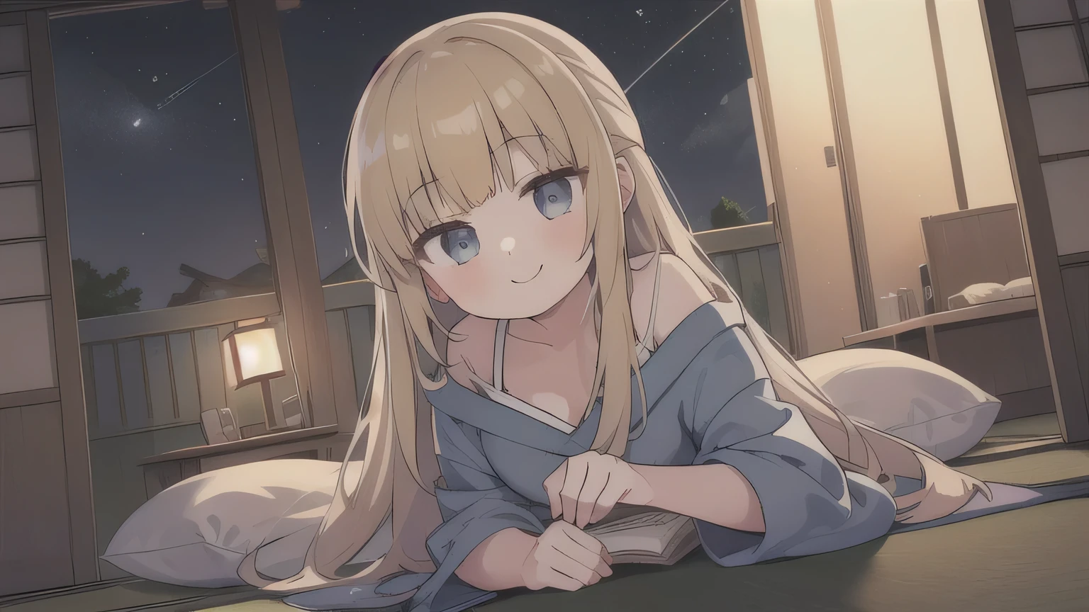 futon,tatami,Blonde,long hair,One Girl,Highest quality,night,View your viewers,smile,summer