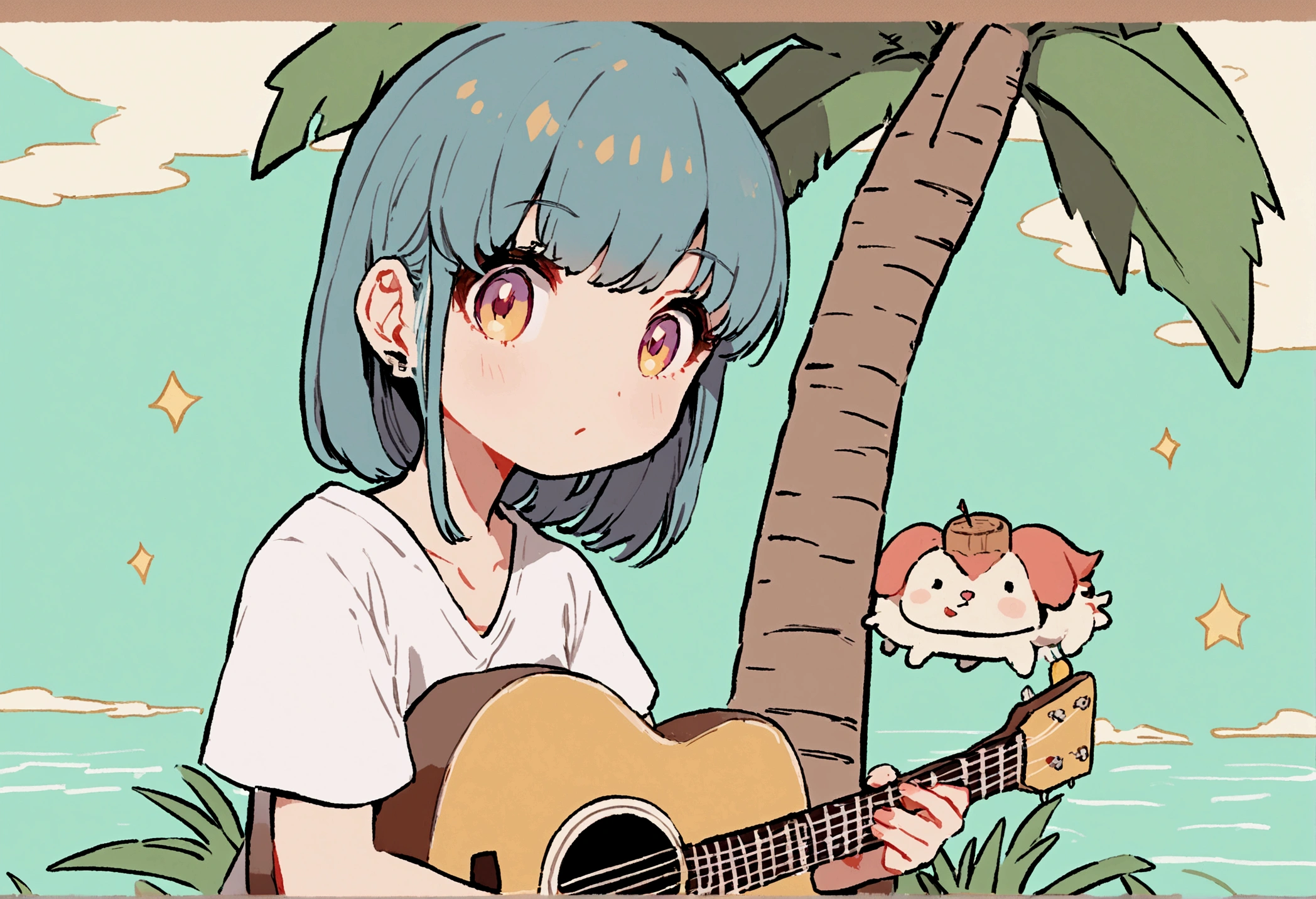 Studio Ghibli Style HMC, 夕暮れ時に棚に座ってplay the guitar少年, Wallpaper 8k, play the guitar, LOFI Girl,(Warm, vibrant colors), (soft, Golden Light), (Sparkling reflections on the water), Anime Style,Ocean,Oceanのビーチ,Coconut Tree, Illustrator
