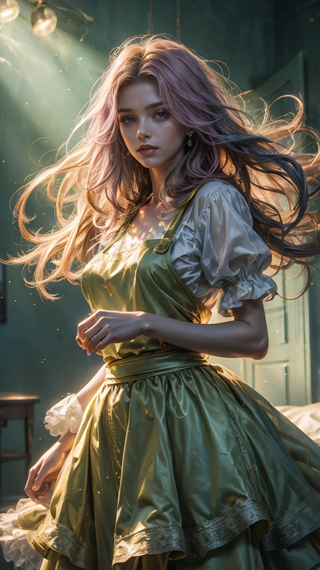 Beautiful and colorful woman: 15 years old woman, messy hair, oil painting, beautiful and perfect face with soft skin, perfect face, pinkish green cores, light and violet magnetic additions, light red additions, Cosplay, wearing apron or transparent nightgown, holding cutlery, intricate details home screen masterpiece in 8k resolution beautiful face digital painting photorealistic artstation smooth fluid black paint: photorealistic masterpiece in 8k resolution: intricately detailed gouache painting fluid: by John Baptist Mongue: calligraphy: acrylic: watercolor art , professional photography, natural lighting, volumetric lighting maximalist photo illustration: by Marton Bobzert: complex, elegant, expansive, Fantastic