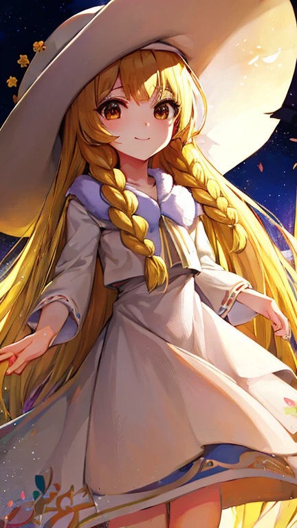 masterpiece, Highest quality, High resolution，Follow the prompts、Anime Style、One Girl、Lady、Long blonde、Pale brown eyes、Put your bangs in thin braids、白色のLadyドレス、Wide-brimmed hat、smile、Demure