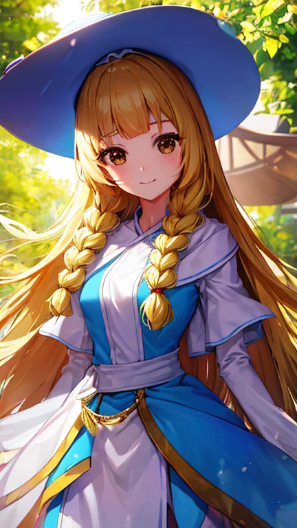 masterpiece, Highest quality, High resolution,Follow the prompts、Anime Style、One Girl、Lady、Long blonde、Pale brown eyes、Put your bangs in thin braids、白色のLadyドレス、Wide-brimmed hat、smile、Demure