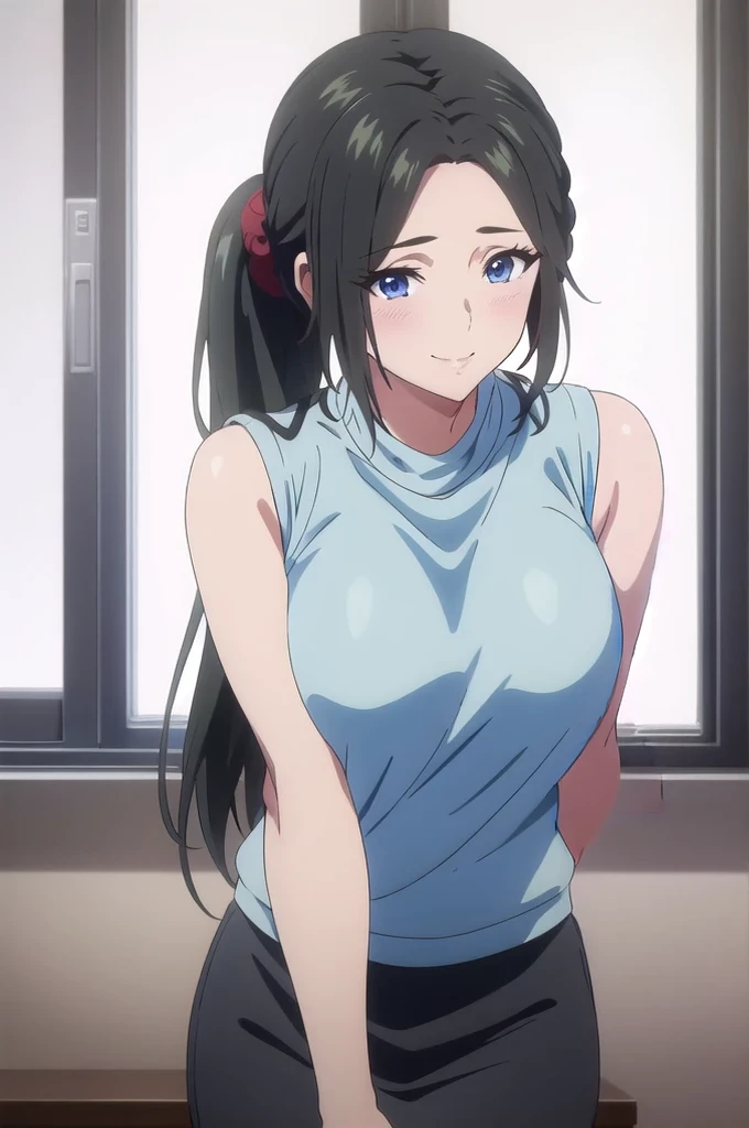 masterpiece, (best quality), 1woman,1girl ,haruhiko_ichijou_mother, black hair, long hair, ponytail, (blue eyes), (microskirt), ,, ,sexy woman,le, hair between eyes, heart-shaped sleeveless sweater, embarrassed,blush, downblouse , vibrant colors ,natural lighting ,RTX, , beautiful, (detailed face:1.2), showcase, (perfect eyes:1.1) ,(photorealistic:1.1), 8k uhd, looking at viewer, indoors, simple backround, body shot