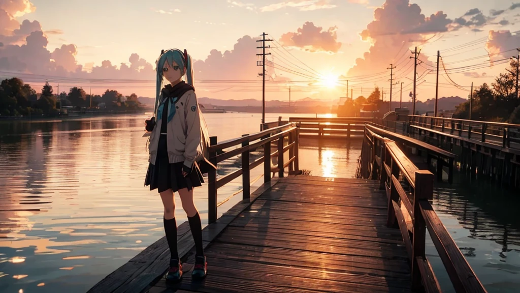 Hatsune Miku is standing on a wooden bridge lit by the setting sun in an upscaled scene。She stared into the distance、I'm reminiscing on fond memories。Surrounded by a quiet lake、Her hair is blowing in the wind。This scene is、It has a calm and emotive atmosphere that connects the past and the present.。