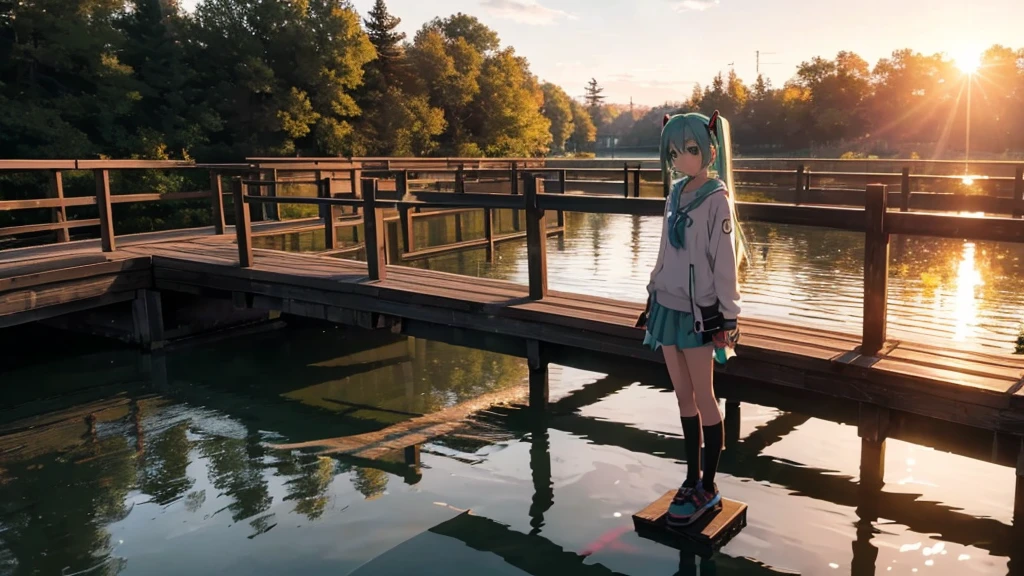 Hatsune Miku is standing on a wooden bridge lit by the setting sun in an upscaled scene。She stared into the distance、I&#39;m reminiscing on fond memories。Surrounded by a quiet lake、Her hair is blowing in the wind。This scene is、It has a calm and emotive atmosphere that connects the past and the present.。