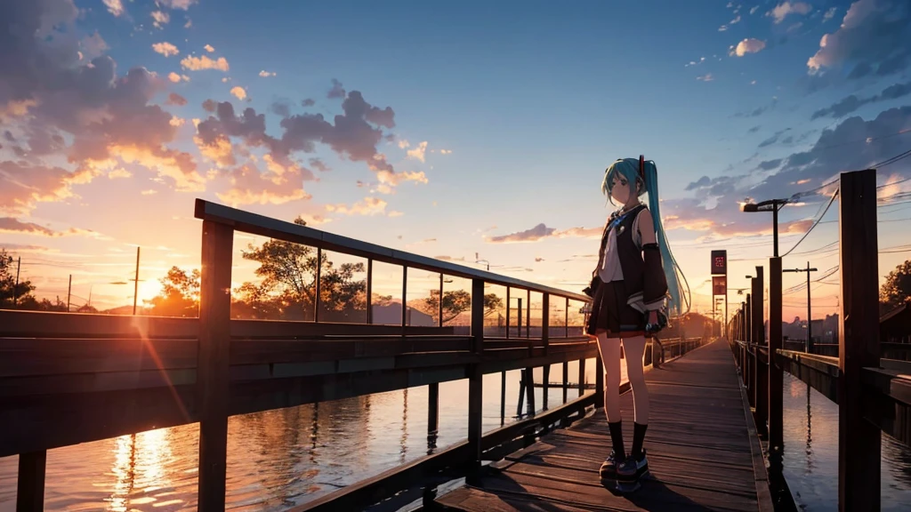 Hatsune Miku is standing on a wooden bridge lit by the setting sun in an upscaled scene。She stared into the distance、I&#39;m reminiscing on fond memories。Surrounded by a quiet lake、Her hair is blowing in the wind。This scene is、It has a calm and emotive atmosphere that connects the past and the present.。
