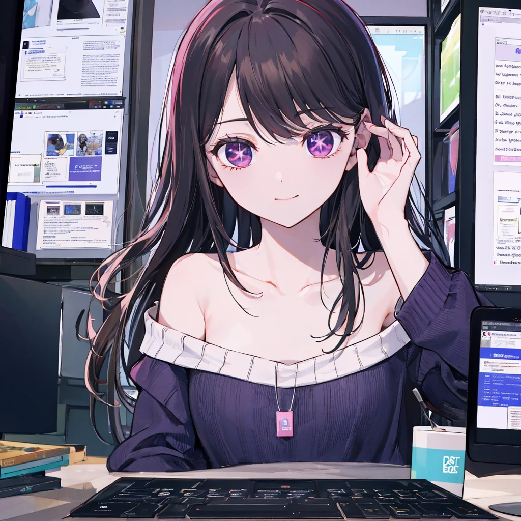 ((Best quality)), ((masterpiece)), (detailed), attractive girl, monitor in place of the head, cursor on screen, long off-shoulder sweater, slender legs, Violet eyes, brunette You are as beautiful as my Pentium,
You're slim like Big Tower,
Как Corel Draw неотразима,
How stacked your chest is full.
Kak multimedia ty slavna,
Proud as a company IBM,
How a CD-ROM is always welcome,
As beautiful as my modem.
Your eyes are like two cursors blinking on your face.
I swear to you by the monitor - I need you as COMMAND.COM