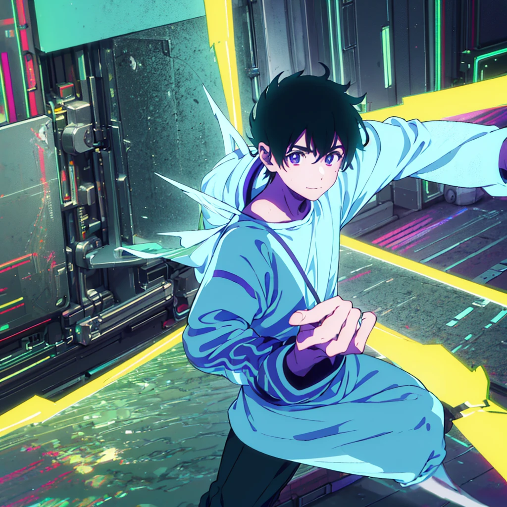 A captivating YouTube thumbnail featuring a satoru gojo anime-style character in a cyberpunk-inspired workshop stands with a friendly smile, showing off his computer repair skills. The surroundings are filled with futuristic neon-lit equipment, and the background is adorned with bright purple neon lights. The overall environment is vibrant, modern, and inviting, creating an exciting atmosphere for a computer repair tutorial or gaming channel.